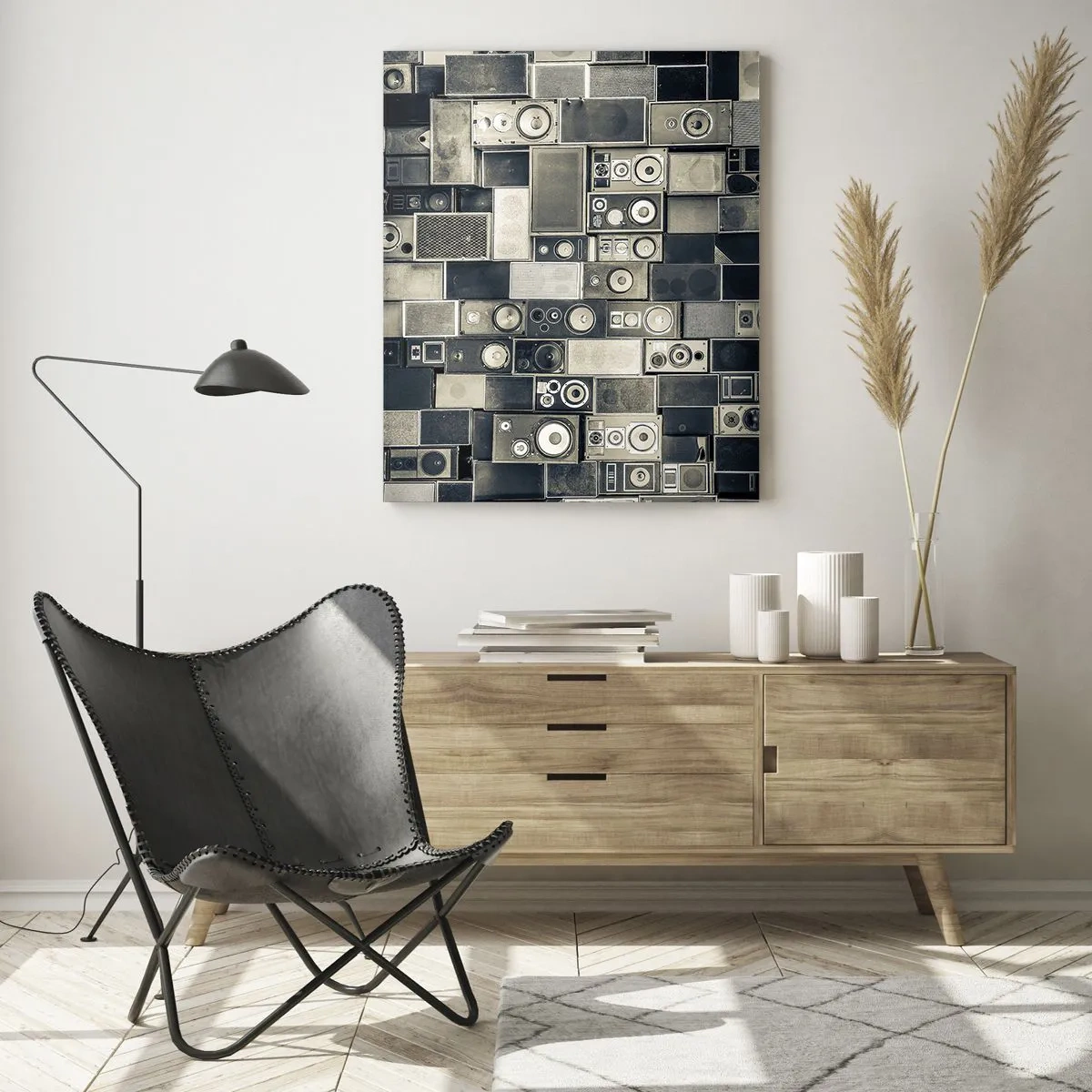 Glasbild - Bild auf glas - Eine Komposition aus Retro-Lautsprechern in Grautönen - 50x70cm - Und es ist alles in Ordnung - Moderne Wanddekoration für Wohnzimmer und Schlafzimmer ARTTOR