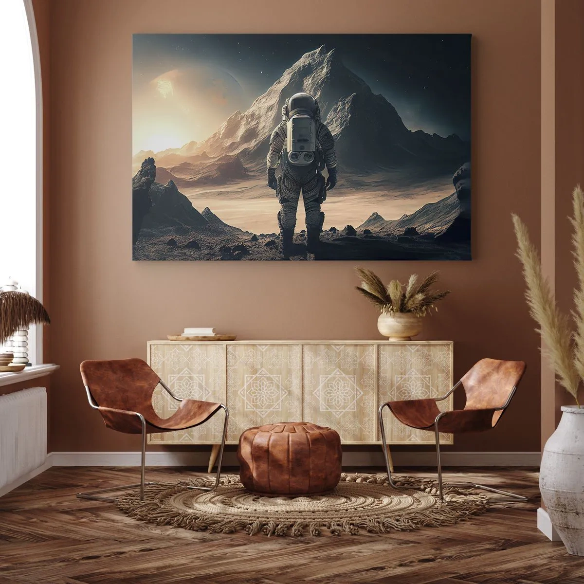 Bild auf Leinwand - Leinwandbild - Astronaut vor der Kulisse majestätischer Berge - 100x70cm - Neue Herausforderung - Moderne Wanddekoration für Wohnzimmer und Schlafzimmer ARTTOR