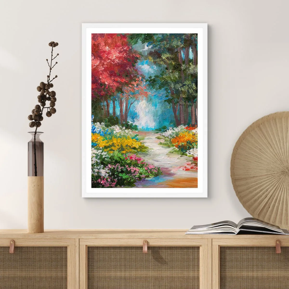 Poster in einem weißen Rahmen - Waldgarten, Blumenwald - 50x70 cm