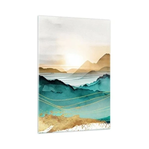 Glasbild - Bild auf glas - Abstrakte Landschaft mit Bergen und goldenen Akzenten - 70x100cm - Am Rande der Abstraktion – Landschaft - Moderne Wanddekoration für Wohnzimmer und Schlafzimmer ARTTOR