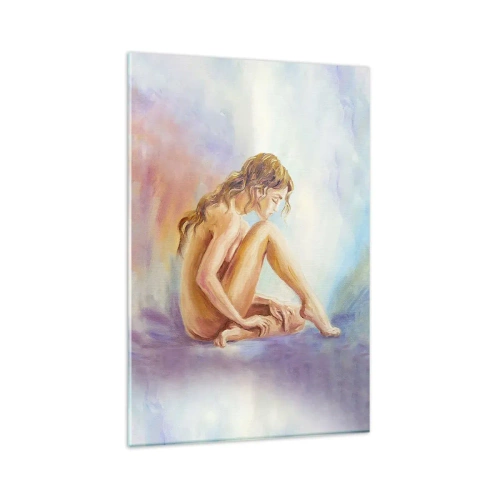 Glasbild - Bild auf glas - Eine zarte Figur einer Frau auf einem pastellfarbenen Hintergrund - 80x120cm - Akt der Jugend - Moderne Wanddekoration für Wohnzimmer und Schlafzimmer ARTTOR