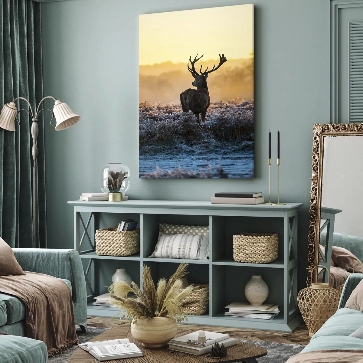 Bild auf Leinwand - Leinwandbild - Ein Reh auf einer frostigen Lichtung bei Sonnenaufgang - 50x70cm - Gekrönt auf seinem Besitz - Moderne Wanddekoration für Wohnzimmer und Schlafzimmer ARTTOR