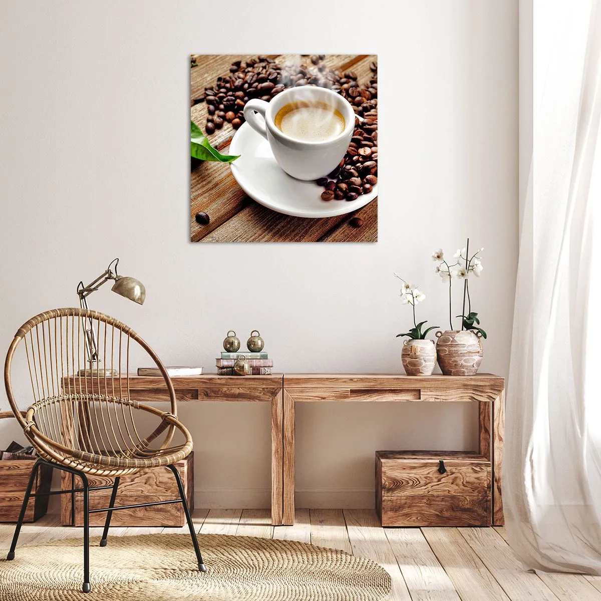 Bild auf Leinwand - Leinwandbild - Kaffee auf der Bank - 30x30 cm