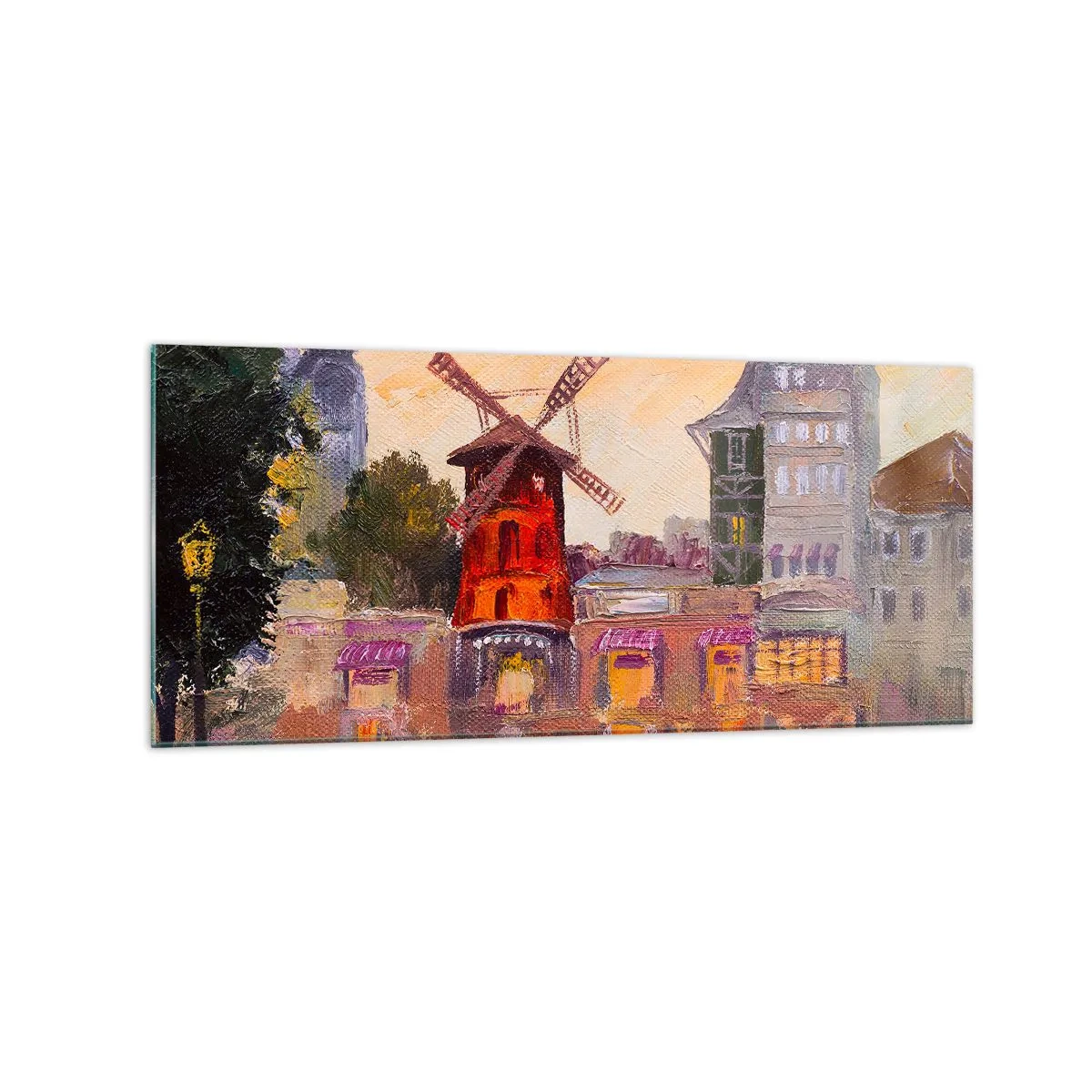 Glasbild - Bild auf glas - Die rote Windmühle des Moulin Rouge, umgeben von der Stadtlandschaft - 120x50cm - Pariser Ikonen – Moulin Rouge - Moderne Wanddekoration für Wohnzimmer und Schlafzimmer ARTTOR