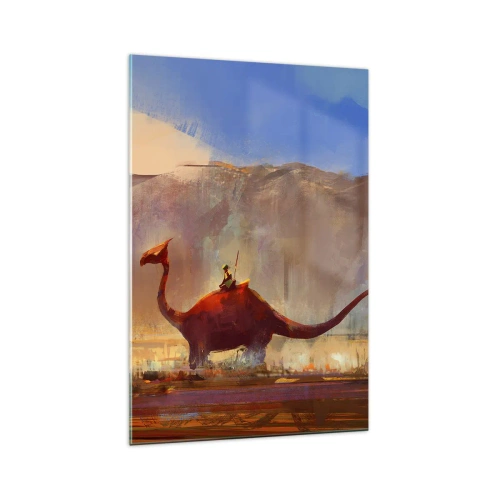 Glasbild - Bild auf glas - Eine Fantasy-Szene mit einem Reiter auf einem prähistorischen Wesen - 70x100cm - Wenn sie nicht ausgestorben wären - Moderne Wanddekoration für Wohnzimmer und Schlafzimmer ARTTOR