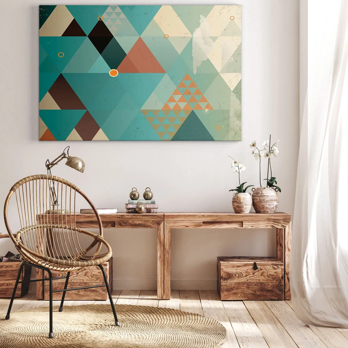 Bild auf Leinwand - Leinwandbild - Geometrische Muster in Türkis- und Brauntönen - 100x70cm - Einheit der Vielheit, Vielheit der Einheit - Moderne Wanddekoration für Wohnzimmer und Schlafzimmer ARTTOR