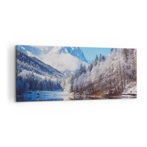 Bild auf Leinwand - Leinwandbild - Winterliche Berglandschaft mit schneebedeckten Bäumen und einem See - 120x50cm - Schneefang - Moderne Wanddekoration für Wohnzimmer und Schlafzimmer ARTTOR