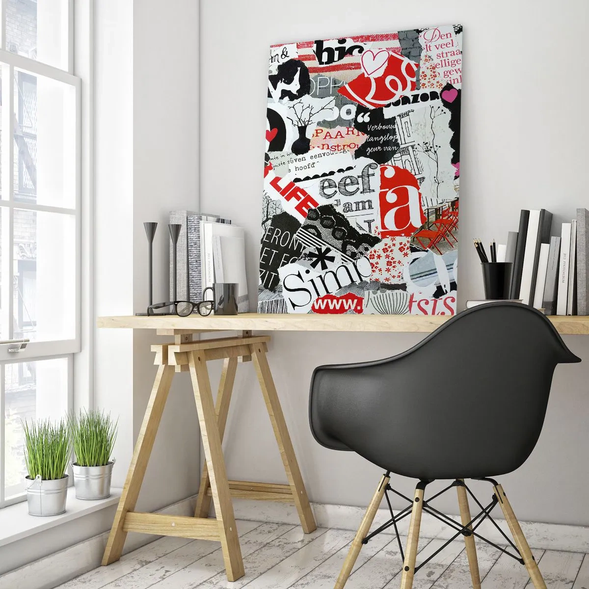 Glasbild - Bild auf glas - Eine Collage aus Buchstaben, Herzen und Bäumen im künstlerischen Stil. - 50x70cm - Hipster-Collage - Moderne Wanddekoration für Wohnzimmer und Schlafzimmer ARTTOR
