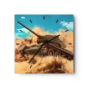 Wanduhr - Glasuhr - Ein Panzer im Einsatz in der Wüste, umgeben von Sandstaub. - 30x30cm - Nicht zu besiegen - Moderne Wanddekoration für Wohnzimmer und Schlafzimmer ARTTOR