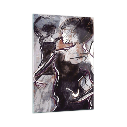 Glasbild - Bild auf glas - Abstrakte Jazzszene mit einem Saxophonisten und einer tanzenden Frau. - 70x100cm - In der Musik auflösen - Moderne Wanddekoration für Wohnzimmer und Schlafzimmer ARTTOR