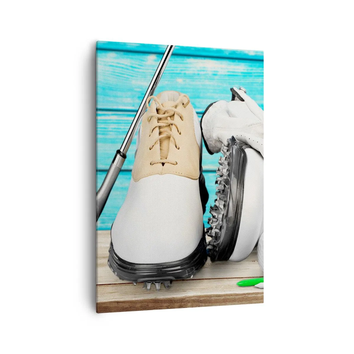 Bild auf Leinwand - Leinwandbild - Ein Set Golfzubehör auf einem hölzernen Hintergrund - 70x100cm - Alles ist bereit - Moderne Wanddekoration für Wohnzimmer und Schlafzimmer ARTTOR