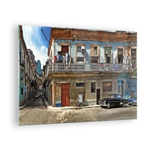 Glasbild - Bild auf glas - Retro-Straße mit klassischen Gebäuden und einem Auto - 70x50cm - Havanna-Stimmung - Moderne Wanddekoration für Wohnzimmer und Schlafzimmer ARTTOR
