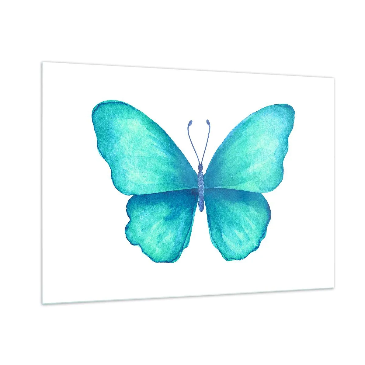 Glasbild - Bild auf glas - Blauer Schmetterling im Aquarellstil auf weißem Hintergrund - 100x70cm - Türkis von Natur aus - Moderne Wanddekoration für Wohnzimmer und Schlafzimmer ARTTOR
