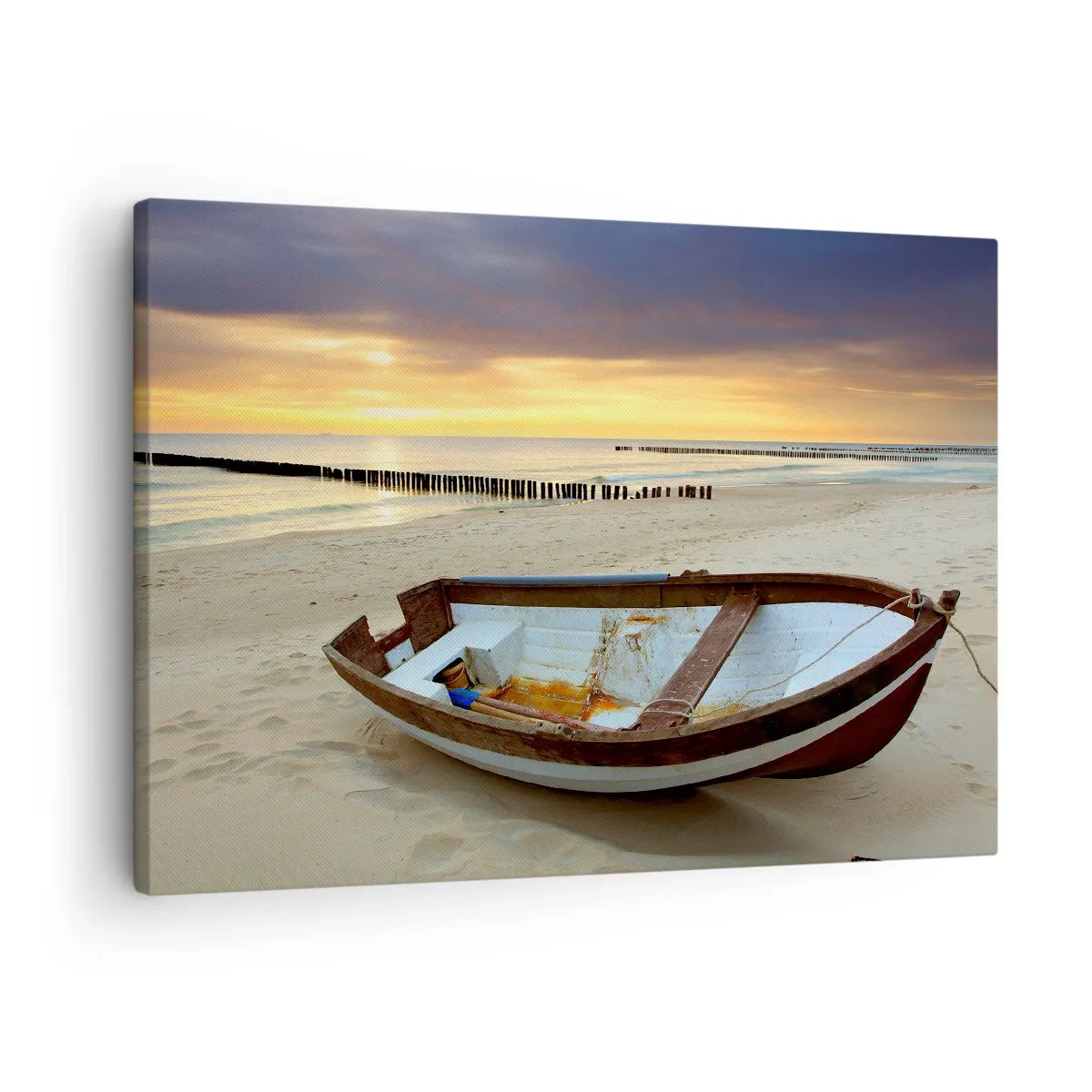 Bild auf Leinwand - Leinwandbild - Ein Boot an einem Sandstrand bei Sonnenuntergang - 70x50cm - Es gibt keine schöneren Strände - Moderne Wanddekoration für Wohnzimmer und Schlafzimmer ARTTOR