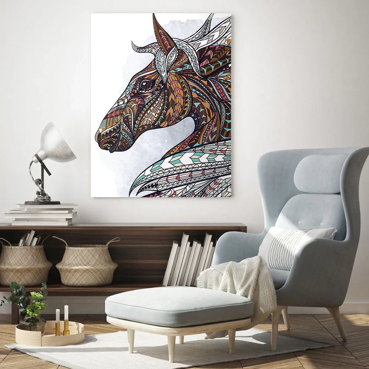 Glasbild - Bild auf glas - Ein geometrisches Pferd mit einer farbenfrohen, detaillierten Mähne - 70x100cm - Keltisches Kriegsross - Moderne Wanddekoration für Wohnzimmer und Schlafzimmer ARTTOR