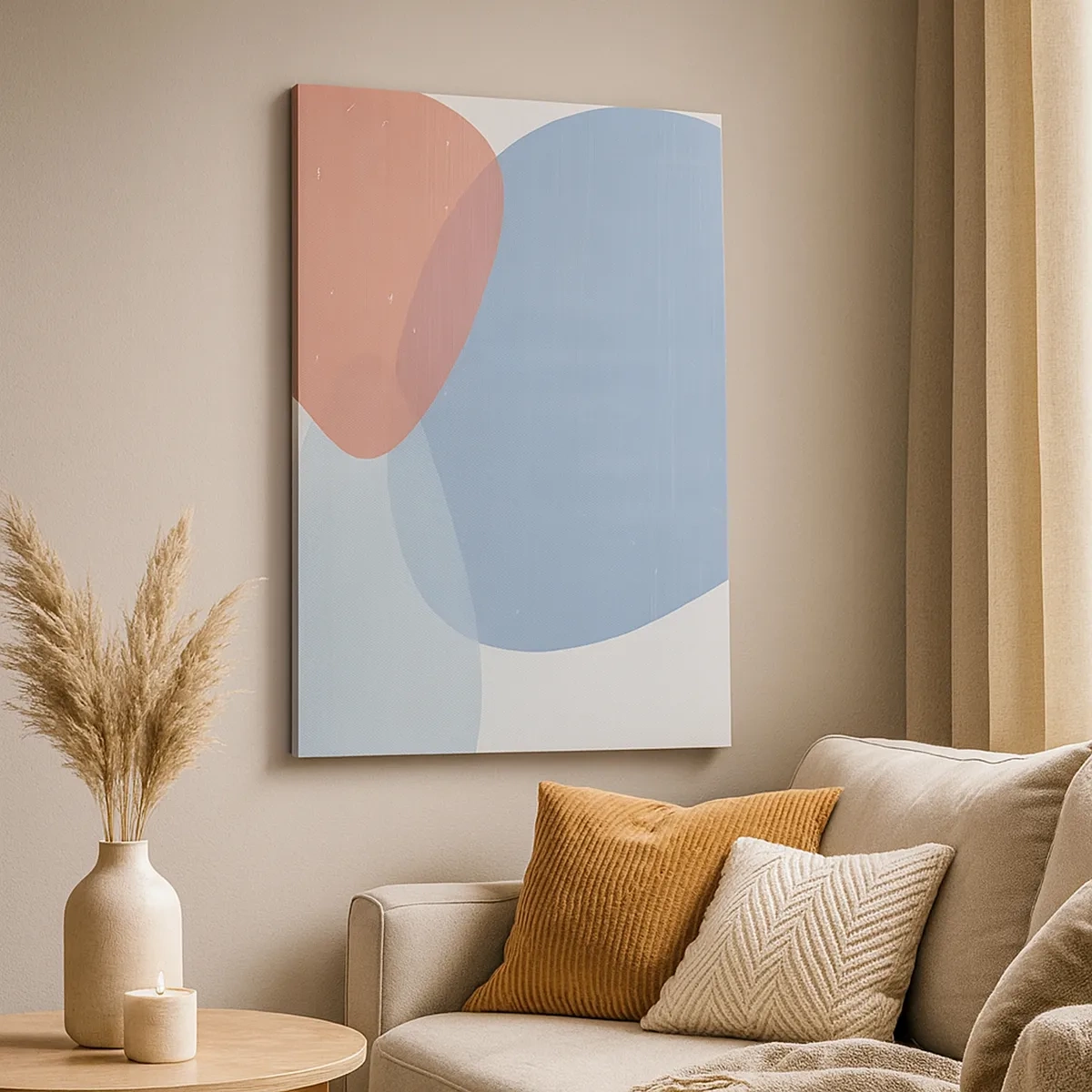 Bild auf Leinwand - Leinwandbild - Eine abstrakte Komposition in Pastelltönen von Blau und Rosa mit organischen Formen. - 50x70cm - Pastellbeziehungen - Moderne Wanddekoration für Wohnzimmer und Schlafzimmer ARTTOR