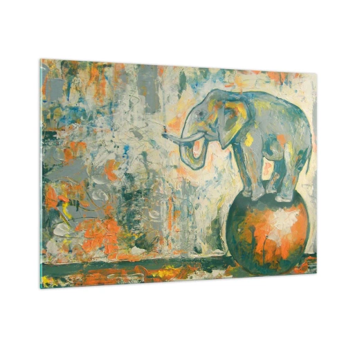 Glasbild - Bild auf glas - Abstrakter Elefant, der auf einem Ball balanciert - 100x70cm - Es lebe der Zirkus! - Moderne Wanddekoration für Wohnzimmer und Schlafzimmer ARTTOR