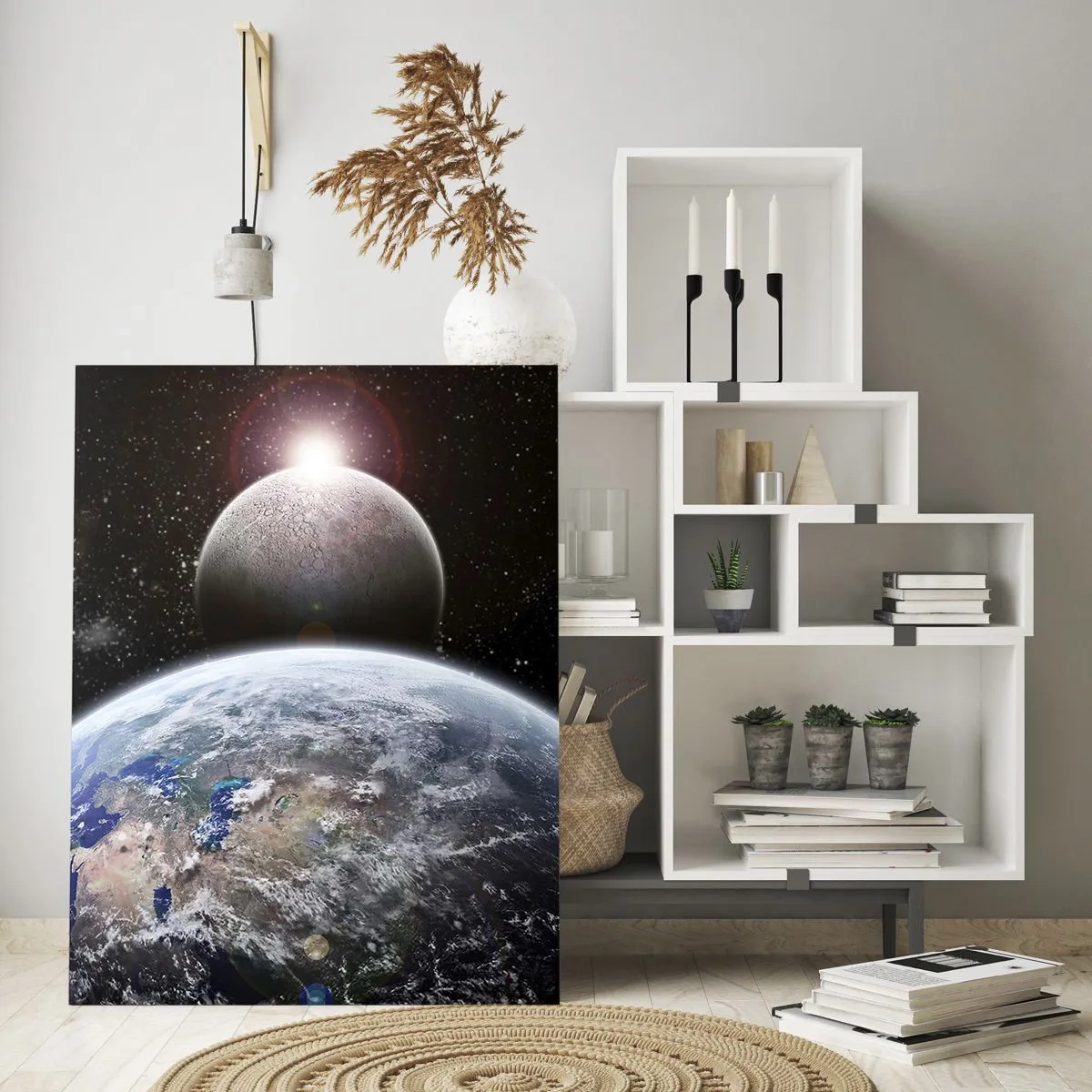 Glasbild - Bild auf glas - Planet Erde und Mond vor dem Hintergrund des sternenklaren Weltraums. - 70x100cm - Weltraumlandschaft - Sonnenaufgang - Moderne Wanddekoration für Wohnzimmer und Schlafzimmer ARTTOR