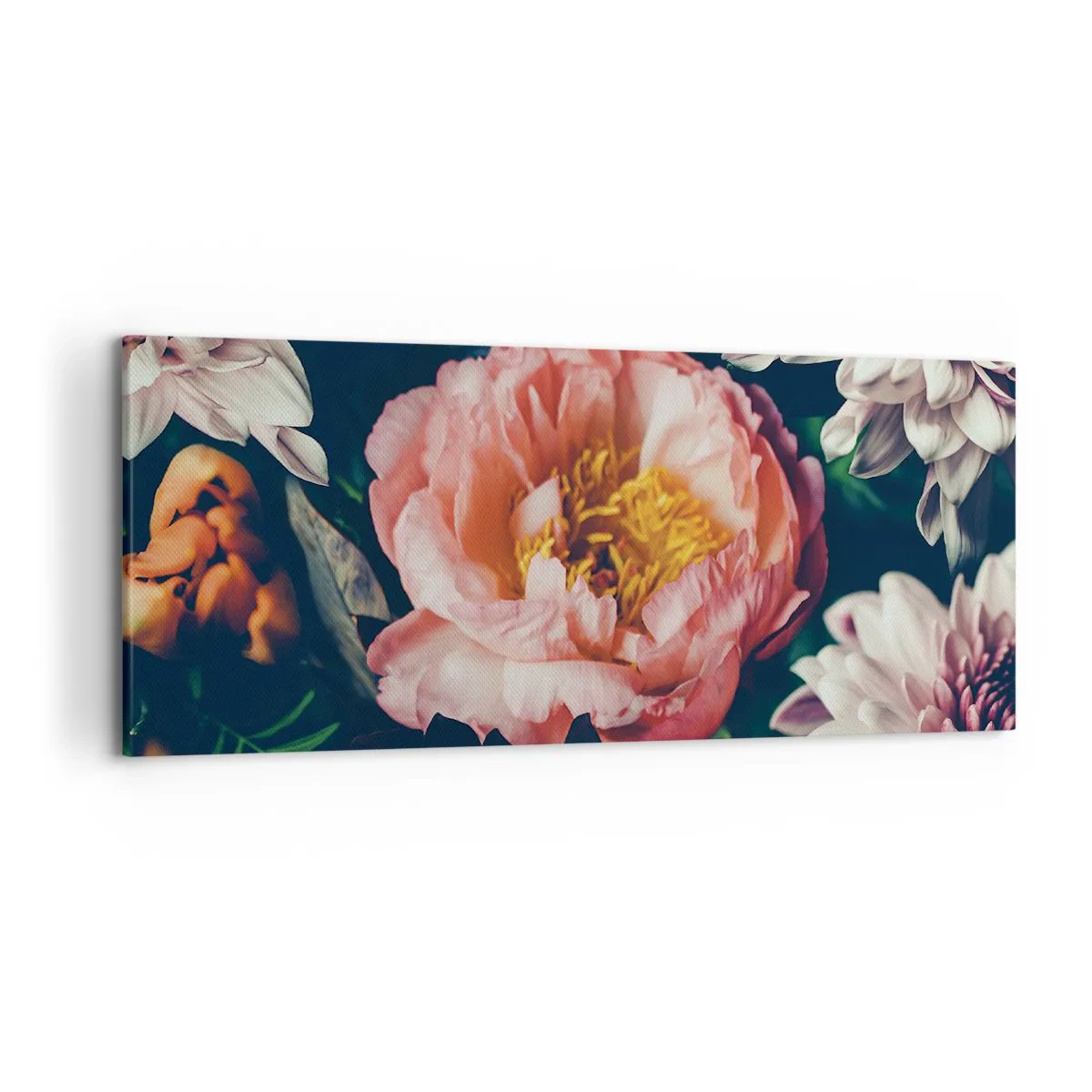 Bild auf Leinwand - Leinwandbild - Blumenarrangement mit Pfingstrosen und Chrysanthemen auf dunklem Hintergrund - 120x50cm - Mit barocker Pracht - Moderne Wanddekoration für Wohnzimmer und Schlafzimmer ARTTOR