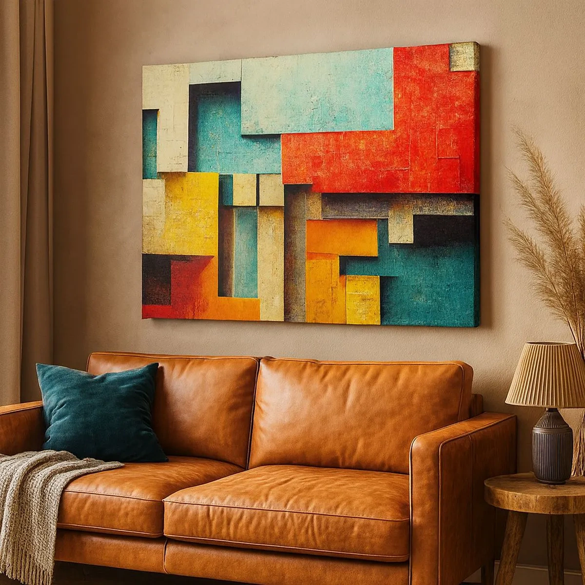 Bild auf Leinwand - Leinwandbild - Abstrakte geometrische Formen in leuchtenden Farben - 70x50cm - Festival der rechten Winkel - Moderne Wanddekoration für Wohnzimmer und Schlafzimmer ARTTOR