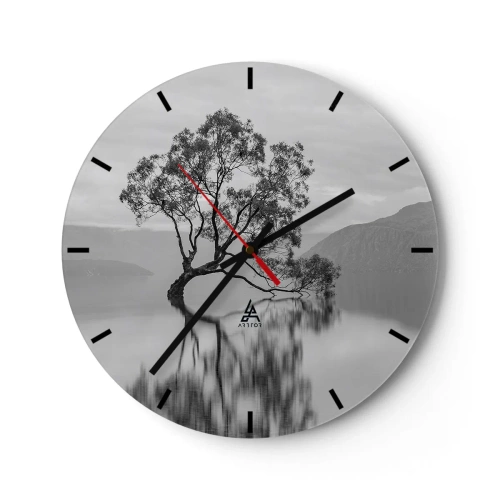 Wanduhr - Glasuhr - Ein einsamer Baum im Wasser in Schwarz und Weiß - 30x30cm - Es gibt so ein Land - Moderne Wanddekoration für Wohnzimmer, Küche und Schlafzimmer ARTTOR