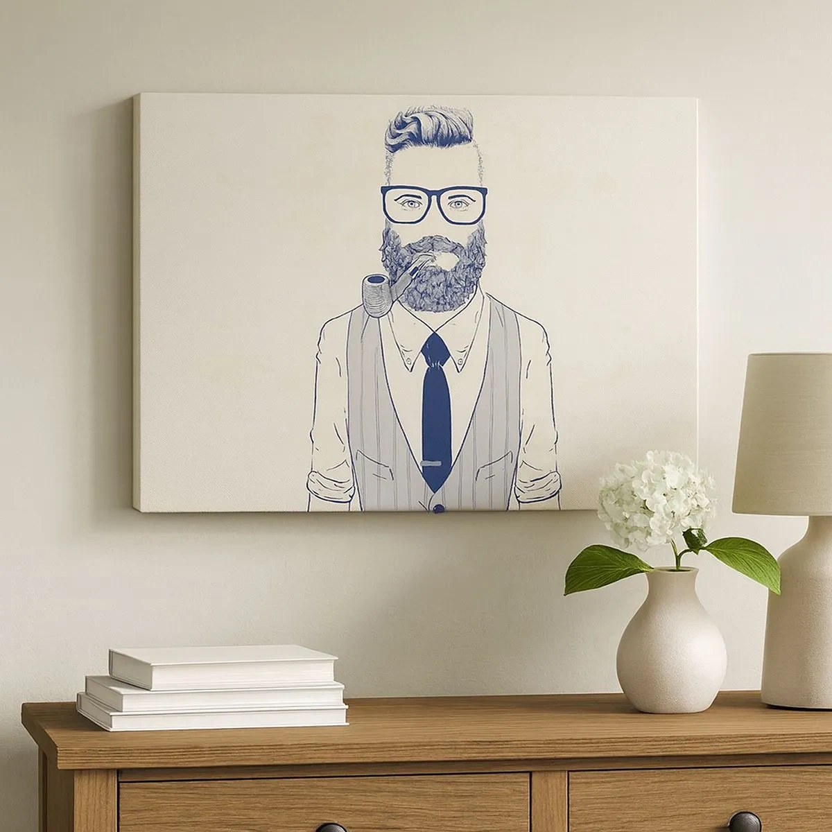 Bild auf Leinwand - Leinwandbild - Stilisierter Mann mit Bart, Pfeife und Brille - 70x50cm - Fröhlich, maskulin und modisch - Moderne Wanddekoration für Wohnzimmer und Schlafzimmer ARTTOR