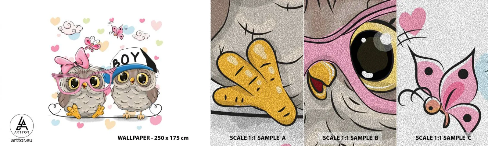 Fototapeten Muster Premium Sand - Lass uns Liebe machen! - Für Kinder, Eule, Schmetterling - 100x30 cm