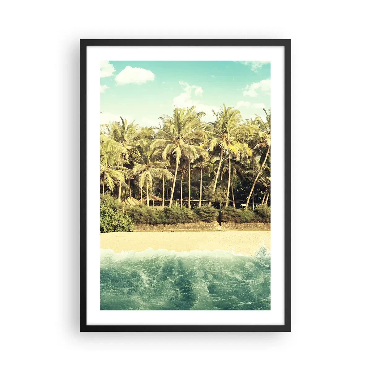 Poster in einem schwarzem Rahmen - Tropischer Strand mit Palmen und azurblauem Wasser - 50x70cm - Wie wäre es hier? - Moderne Wanddekoration für Wohnzimmer und Schlafzimmer ARTTOR