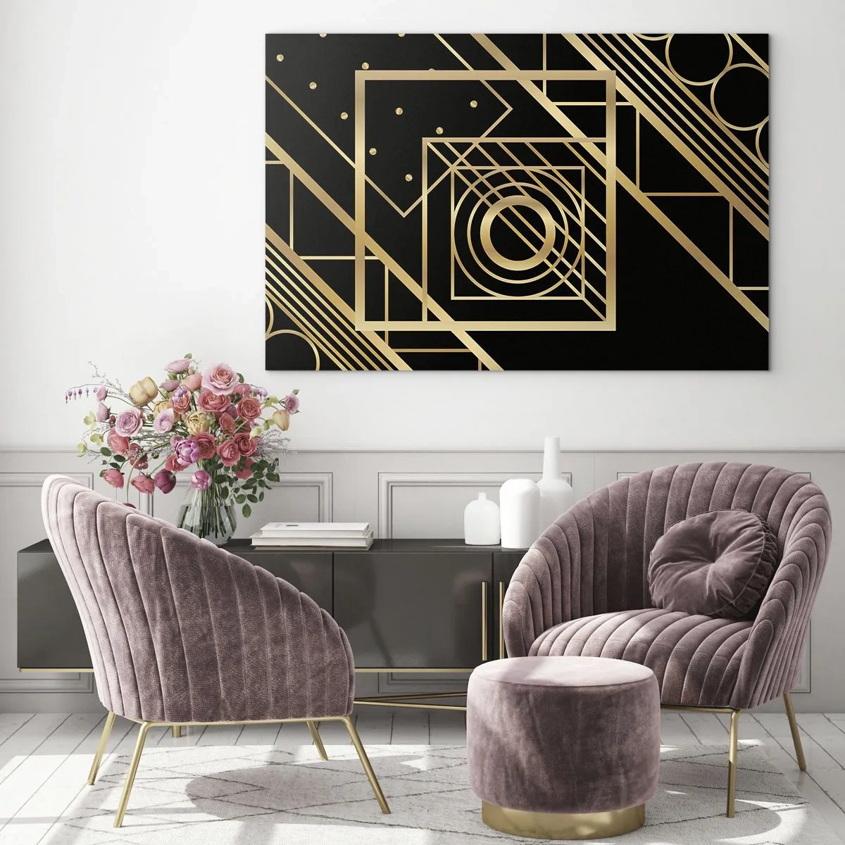 Glasbild - Bild auf glas - Goldene geometrische Muster auf schwarzem Hintergrund - 100x70cm - Goldene Geometrie - Moderne Wanddekoration für Wohnzimmer und Schlafzimmer ARTTOR