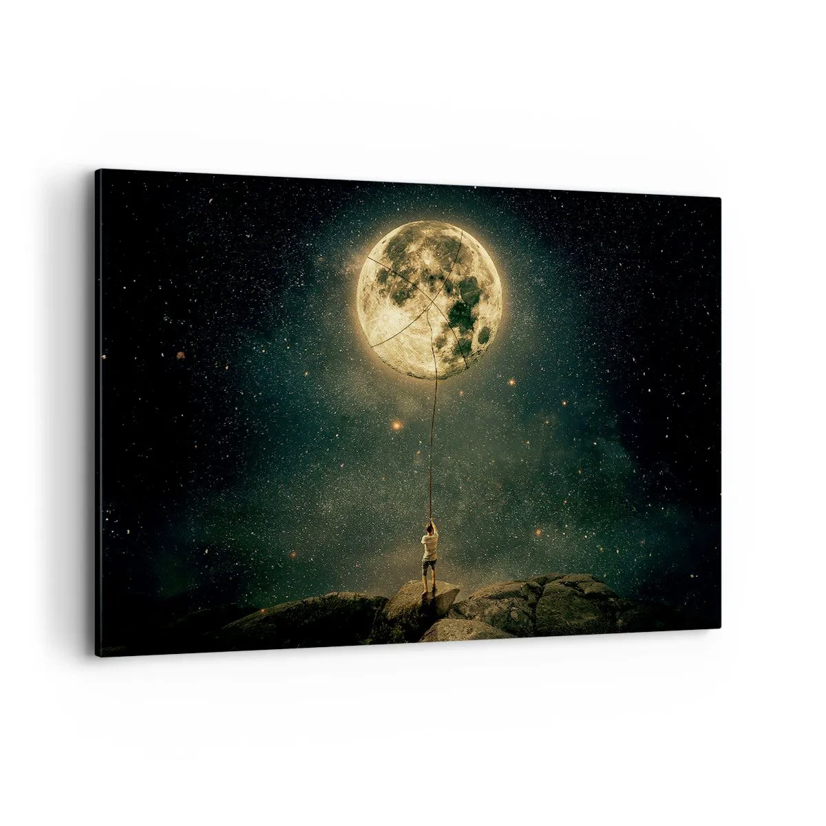 Bild auf Leinwand - Leinwandbild - Mann mit dem Mond vor dem Sternenhimmel - 120x80cm - Der Mann, der den Mond gestohlen hat - Moderne Wanddekoration für Wohnzimmer und Schlafzimmer ARTTOR