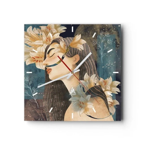 Wanduhr - Glasuhr - Porträt einer Frau mit Blumen im künstlerischen Stil auf dunklem Hintergrund - 30x30cm - Ein Märchen über eine Prinzessin mit Lilien - Moderne Wanddekoration für Wohnzimmer und Schlafzimmer ARTTOR