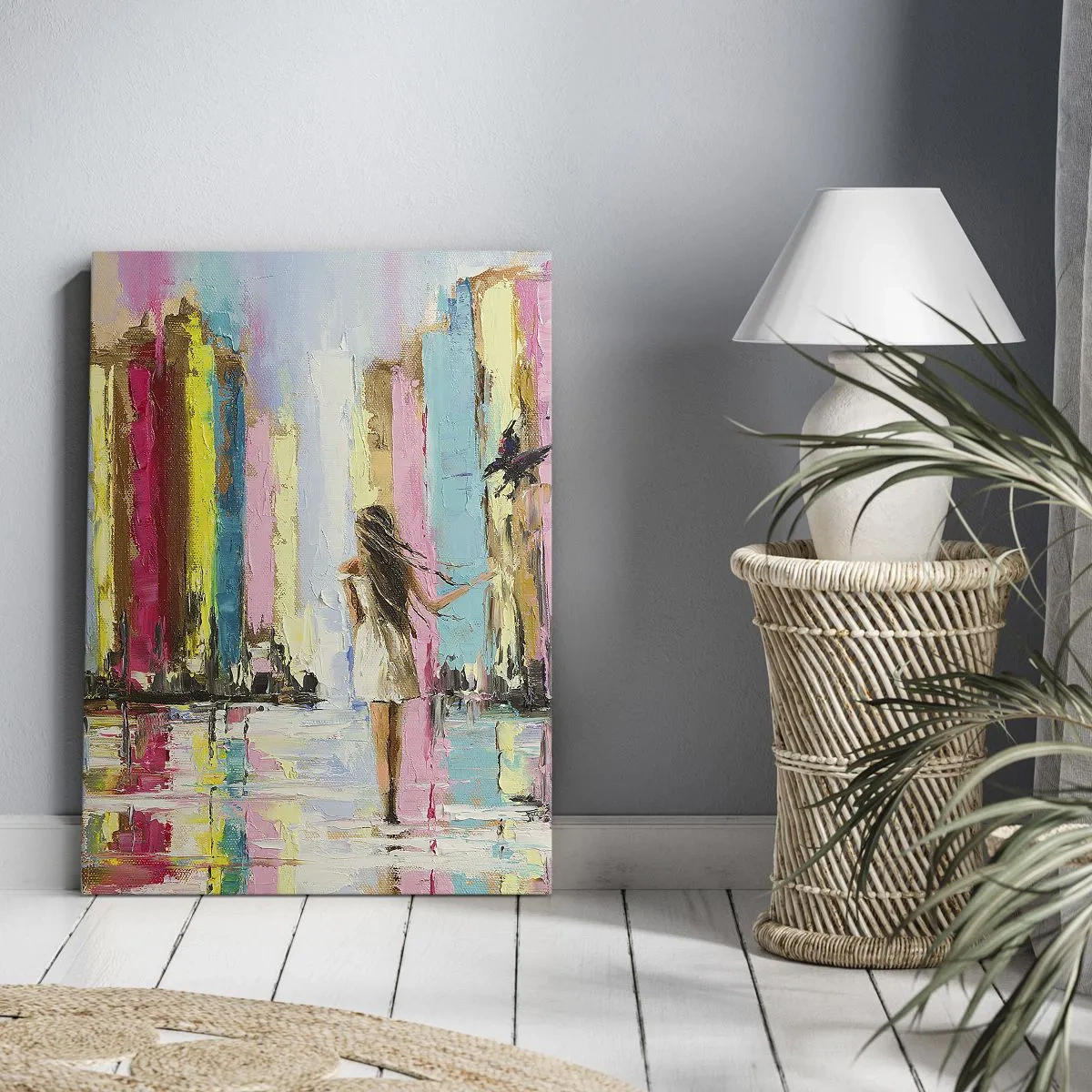 Bild auf Leinwand - Leinwandbild - Eine bunte Stadt und eine Frau in einem weißen Kleid mit einem Vogel - 50x70cm - Folge mir - Moderne Wanddekoration für Wohnzimmer und Schlafzimmer ARTTOR