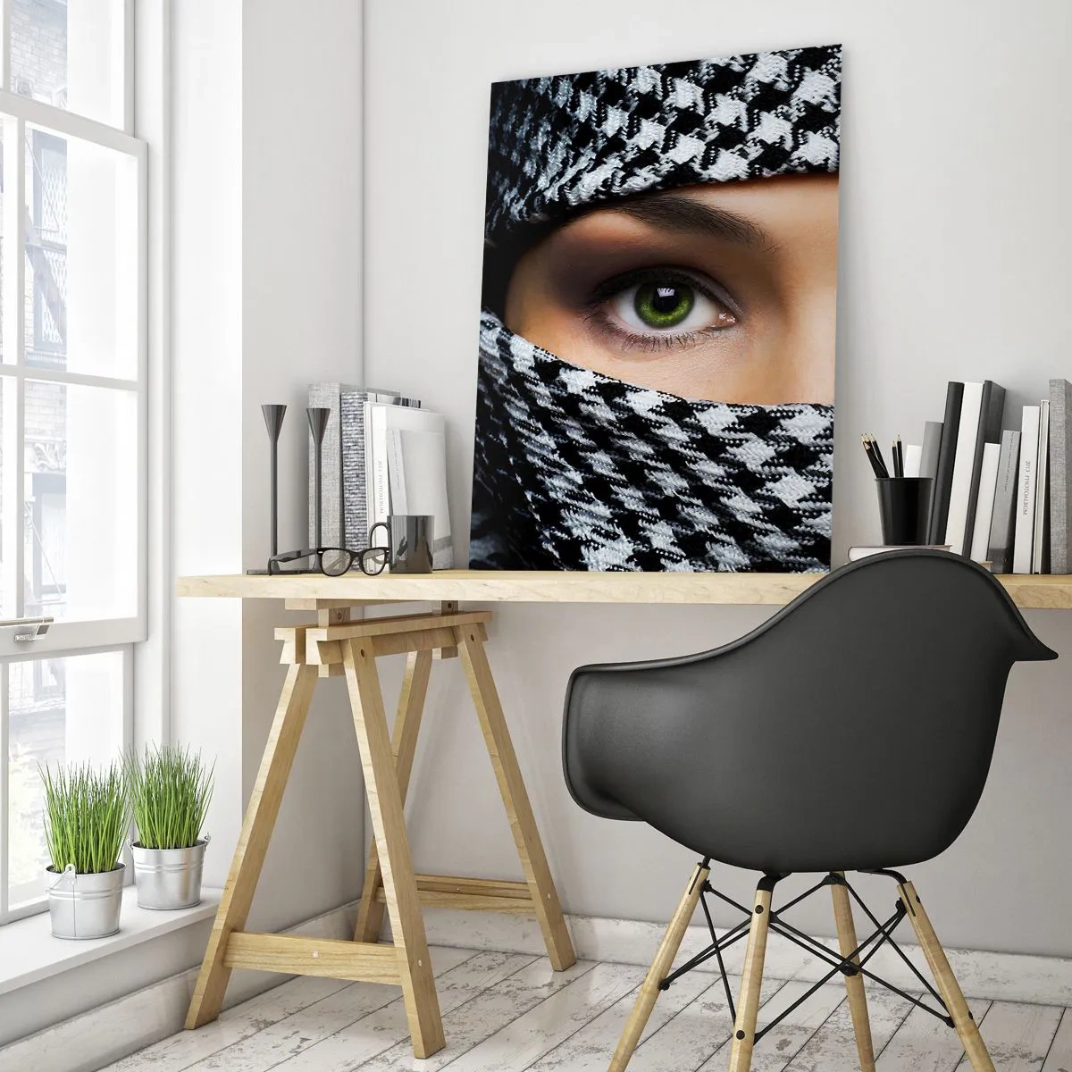 Glasbild - Bild auf glas - Hinter einem schwarz-weiß gemusterten Stoff verbergen sich die grünen Augen einer Frau. - 70x100cm - Ein Porträt einer verschleierten grünäugigen Schönheit - Moderne Wanddekoration für Wohnzimmer und Schlafzimmer ARTTOR