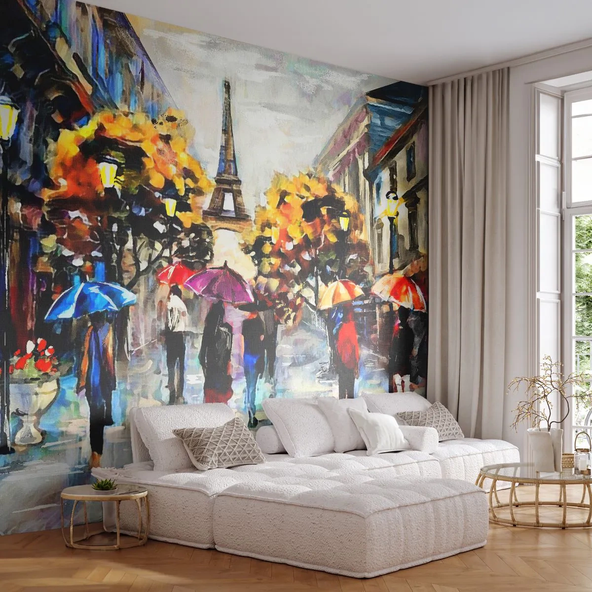 Fototapete Standard Eco - Herbstliches Paris im Regen mit bunten Regenschirmen - 100x70cm - Besonders schön im Herbst - Moderne Wanddekoration für Wohnzimmer und Schlafzimmer ARTTOR