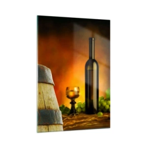 Glasbild - Bild auf glas - Trauben auf einem Fass in rustikalem Ambiente mit Wein im Hintergrund - 50x70cm - Stillleben mit einer Flasche Wein und einer Weintraube - Moderne Wanddekoration für Wohnzimmer und Schlafzimmer ARTTOR