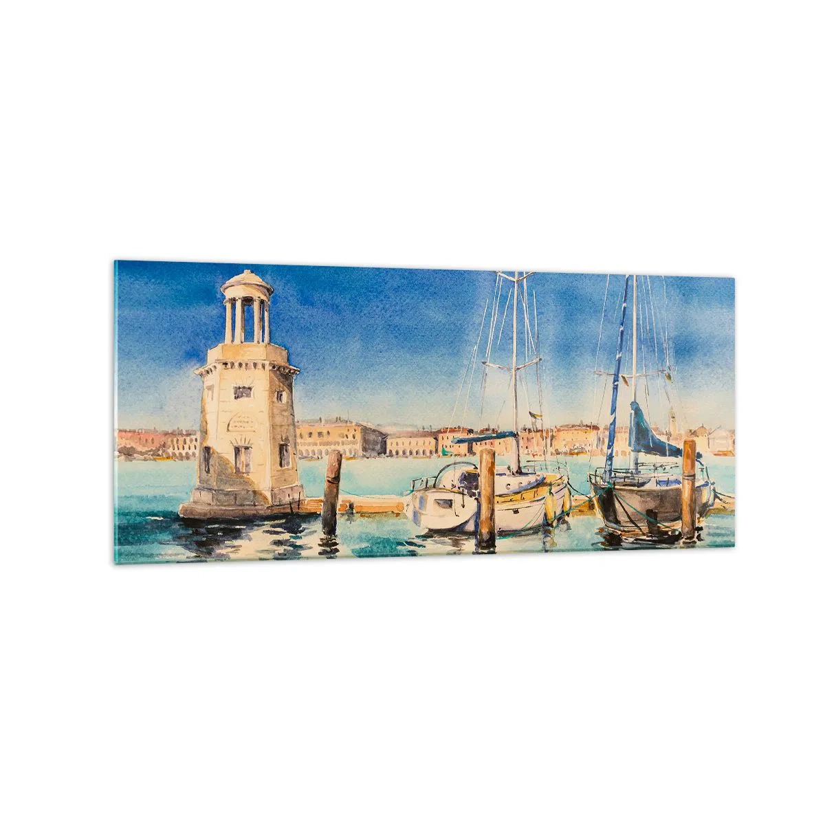 Glasbild - Bild auf glas - Yachthafen mit Booten vor der Kulisse einer blauen Lagune - 120x50cm - Sonnige Lagune - Moderne Wanddekoration für Wohnzimmer und Schlafzimmer ARTTOR