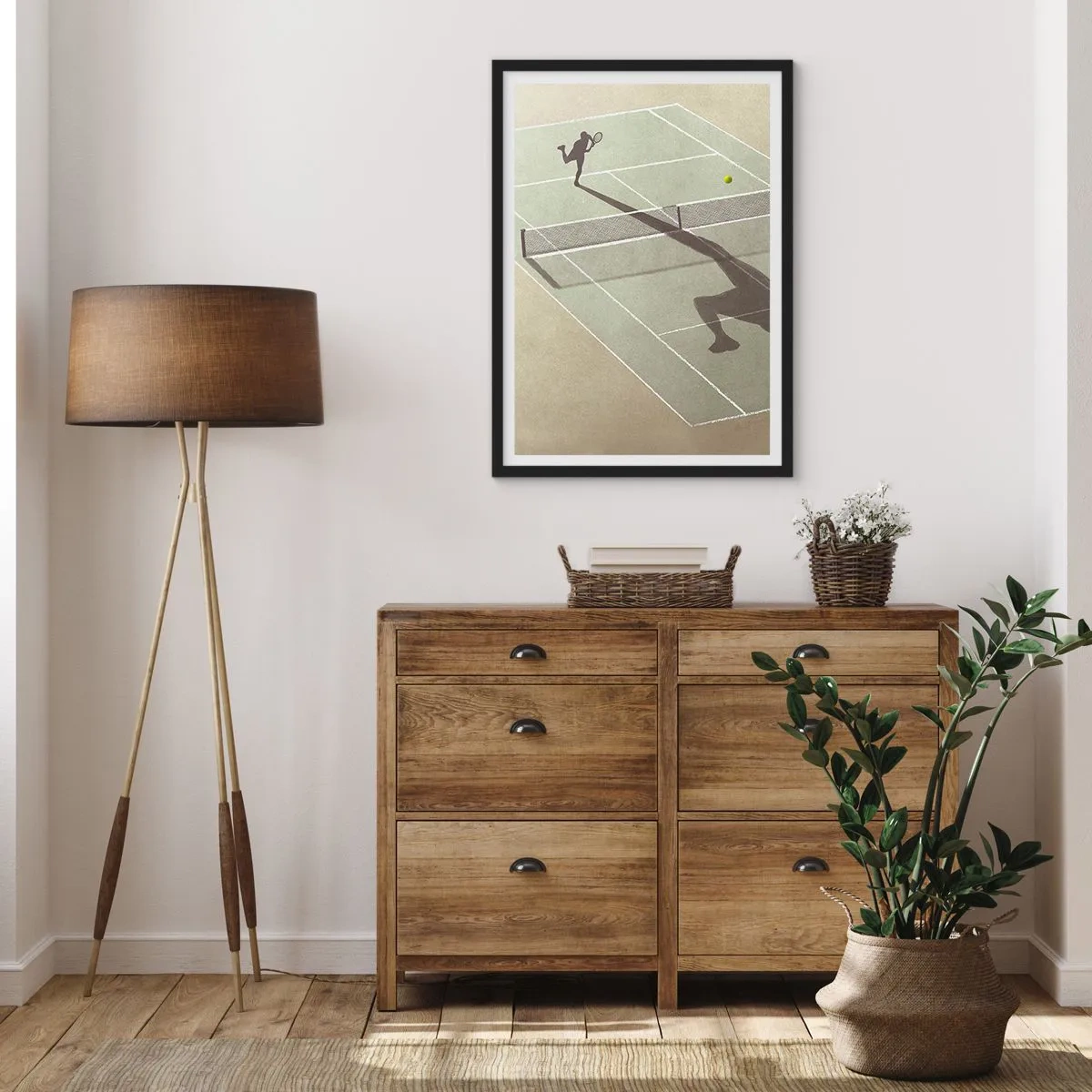 Poster in einem schwarzem Rahmen - Ein Tennisspieler, der auf dem Platz aufschlägt - 50x70cm - Überwinde dich selbst - Moderne Wanddekoration für Wohnzimmer und Schlafzimmer ARTTOR
