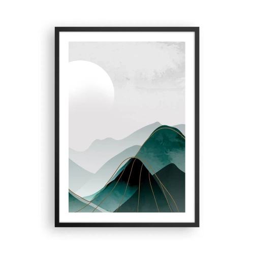 Poster in einem schwarzem Rahmen - Abstrakte Berge in Grüntönen mit zartem Gold - 50x70cm - In voller Majestät - Moderne Wanddekoration für Wohnzimmer und Schlafzimmer ARTTOR