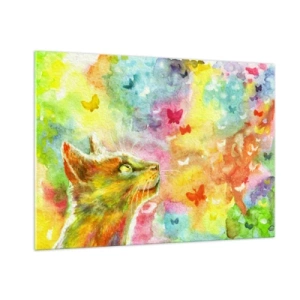 Glasbild - Bild auf glas - Eine Katze beobachtet bunte Schmetterlinge vor einem pastellfarbenen Hintergrund. - 100x70cm - Baju-baju im Katzenparadies - Moderne Wanddekoration für Wohnzimmer und Schlafzimmer ARTTOR
