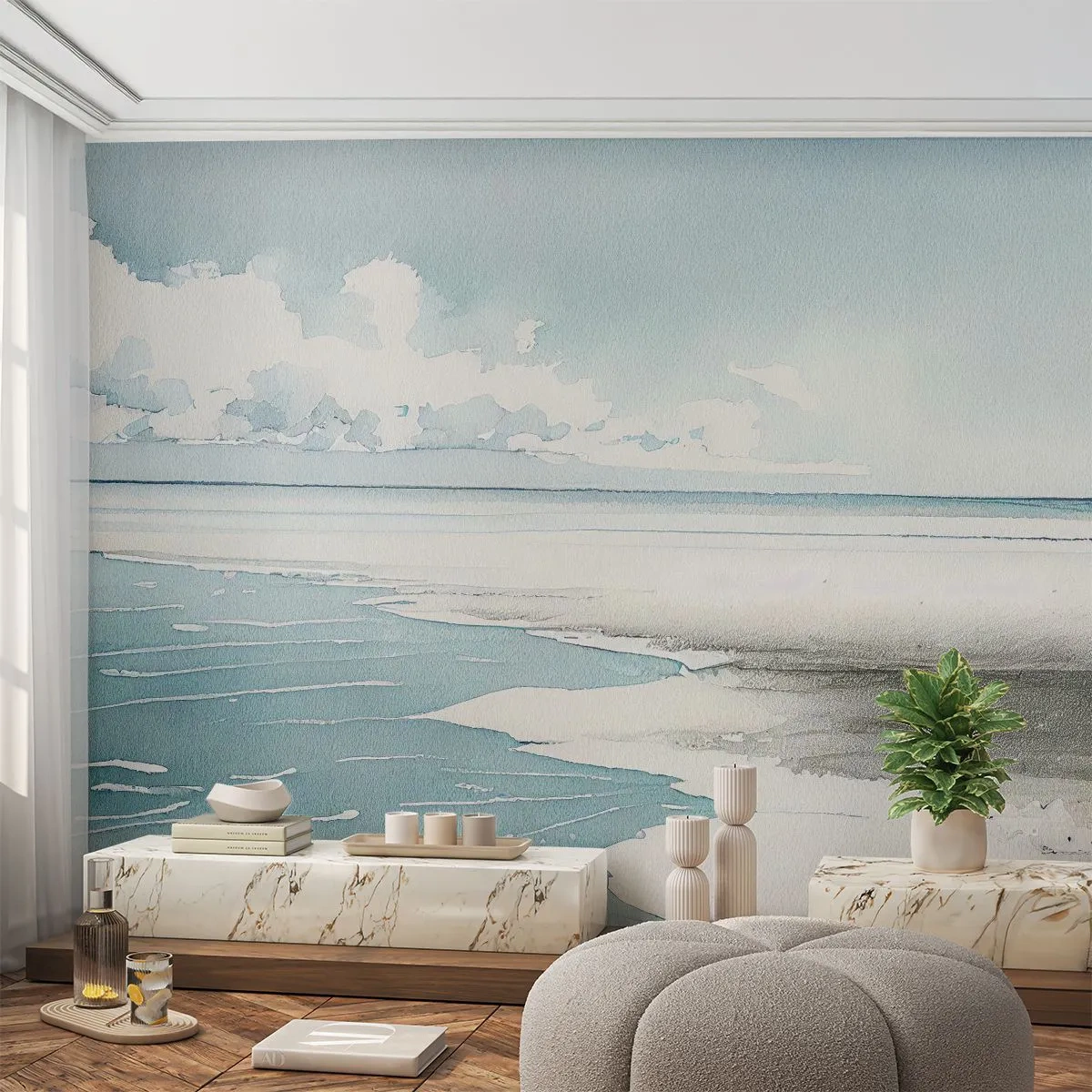 Fototapete Premium Sand - Blaues Meer und weißer Strand in einer Aquarellkomposition - 100x70cm - Sanfte Flut - Moderne Wanddekoration für Wohnzimmer und Schlafzimmer ARTTOR