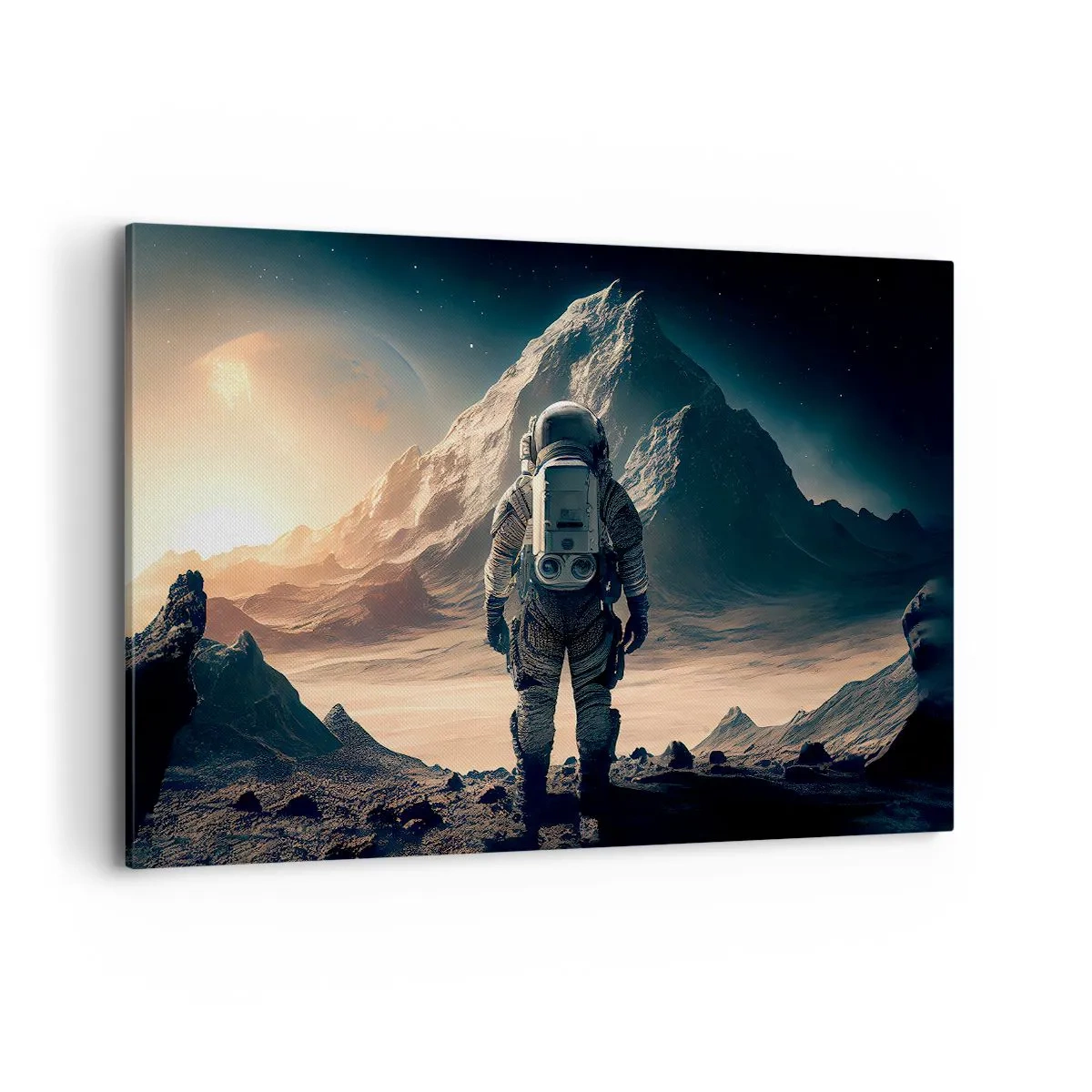 Bild auf Leinwand - Leinwandbild - Astronaut vor der Kulisse majestätischer Berge - 120x80cm - Neue Herausforderung - Moderne Wanddekoration für Wohnzimmer und Schlafzimmer ARTTOR