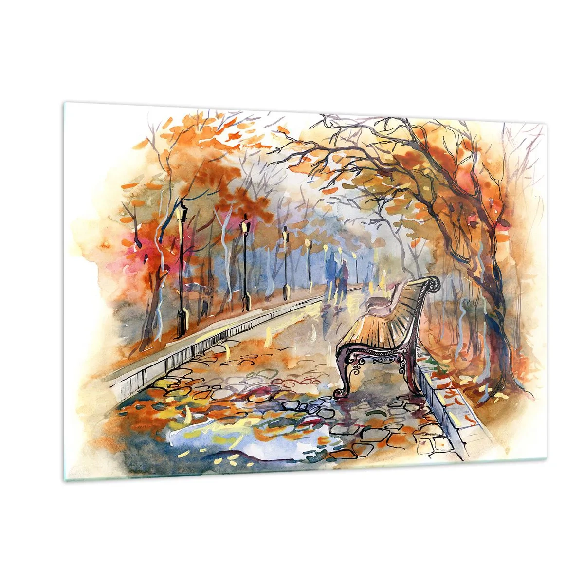 Glasbild - Bild auf glas - Eine herbstliche Allee mit einer Bank im künstlerischen Aquarellstil - 120x80cm - Gemeinsam im Herbst wandern - Moderne Wanddekoration für Wohnzimmer und Schlafzimmer ARTTOR