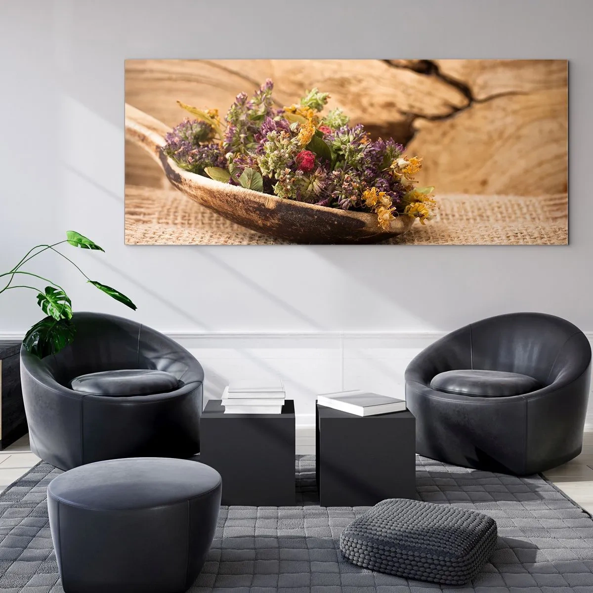 Glasbild - Bild auf glas - Getrocknete Kräuter in einem Holzlöffel auf natürlichem Holzhintergrund - 120x50cm - Bunte Blumen und duftende Kräuter - Moderne Wanddekoration für Wohnzimmer und Schlafzimmer ARTTOR