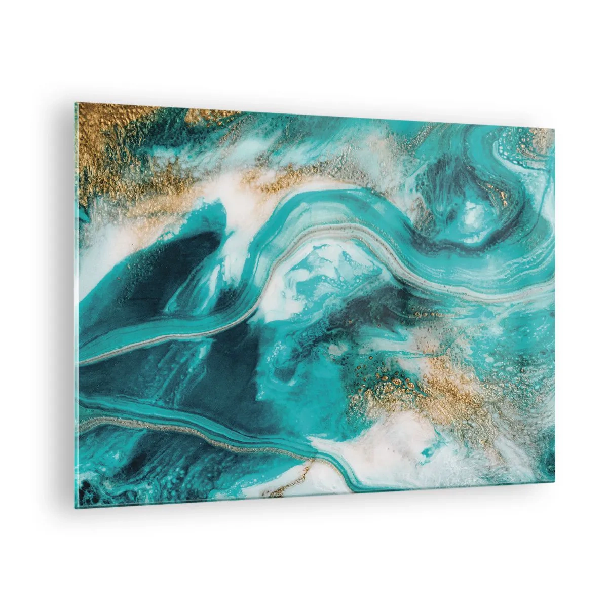 Glasbild - Bild auf glas - Eine abstrakte Komposition in Türkis mit goldenen Akzenten. - 70x50cm - Der Fluss aus Gold - Moderne Wanddekoration für Wohnzimmer und Schlafzimmer ARTTOR
