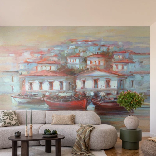Fototapete Premium Canvas - Glückliche Stadt - Die Architektur, Segelboot, Hafen - 200x140 cm