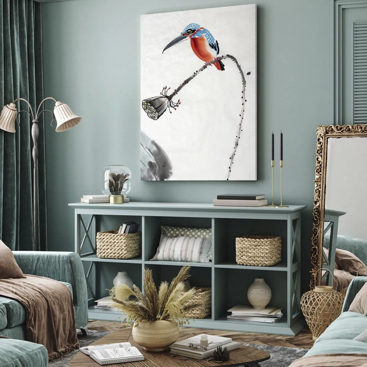 Bild auf Leinwand - Leinwandbild - Ein bunter Vogel vor einem Hintergrund aus Vegetation und einer Libelle - 50x70cm - Das Leben der Wiese - Moderne Wanddekoration für Wohnzimmer und Schlafzimmer ARTTOR