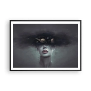 Poster in einem schwarzem Rahmen - Ein Frauengesicht mit einem Planeten- und Weltraummotiv im Hintergrund - 100x70cm - Und die Planeten spielen verrückt ... - Moderne Wanddekoration für Wohnzimmer und Schlafzimmer ARTTOR