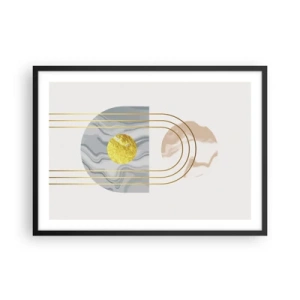 Poster in einem schwarzem Rahmen - Abstrakte Komposition mit Kreisen und goldenen Linien auf hellem Hintergrund. - 70x50cm - Helligkeit und Brillanz - Moderne Wanddekoration für Wohnzimmer und Schlafzimmer ARTTOR