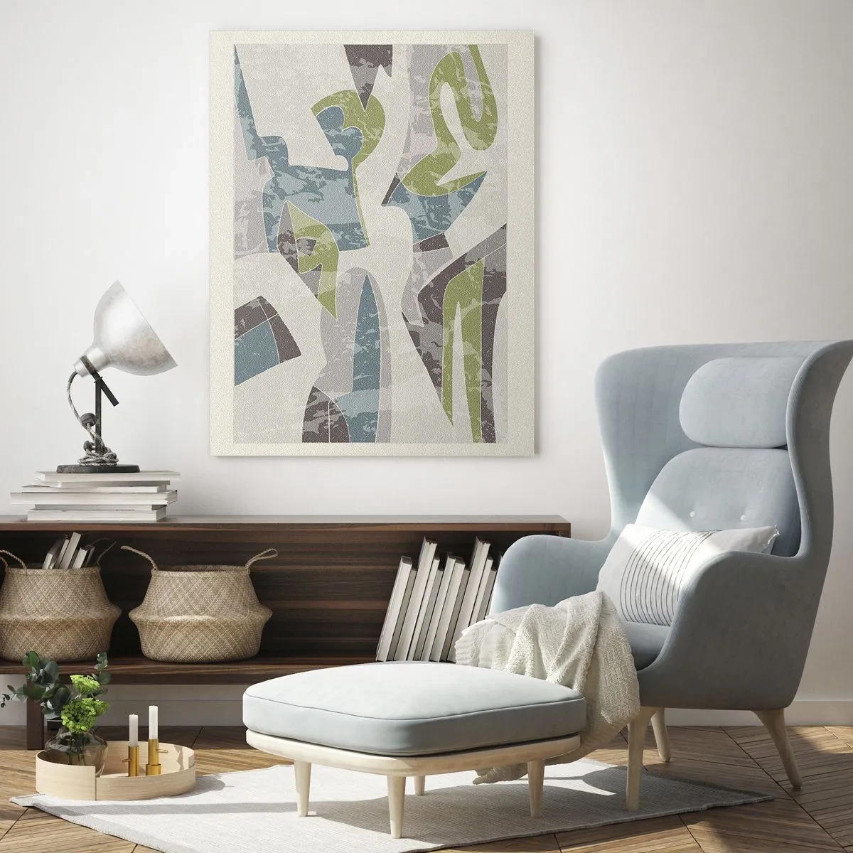 Glasbild - Bild auf glas - Abstrakte Formen in Grün und Blau auf hellem Hintergrund - 80x120cm - Komposition hinter dem Glas - Moderne Wanddekoration für Wohnzimmer und Schlafzimmer ARTTOR