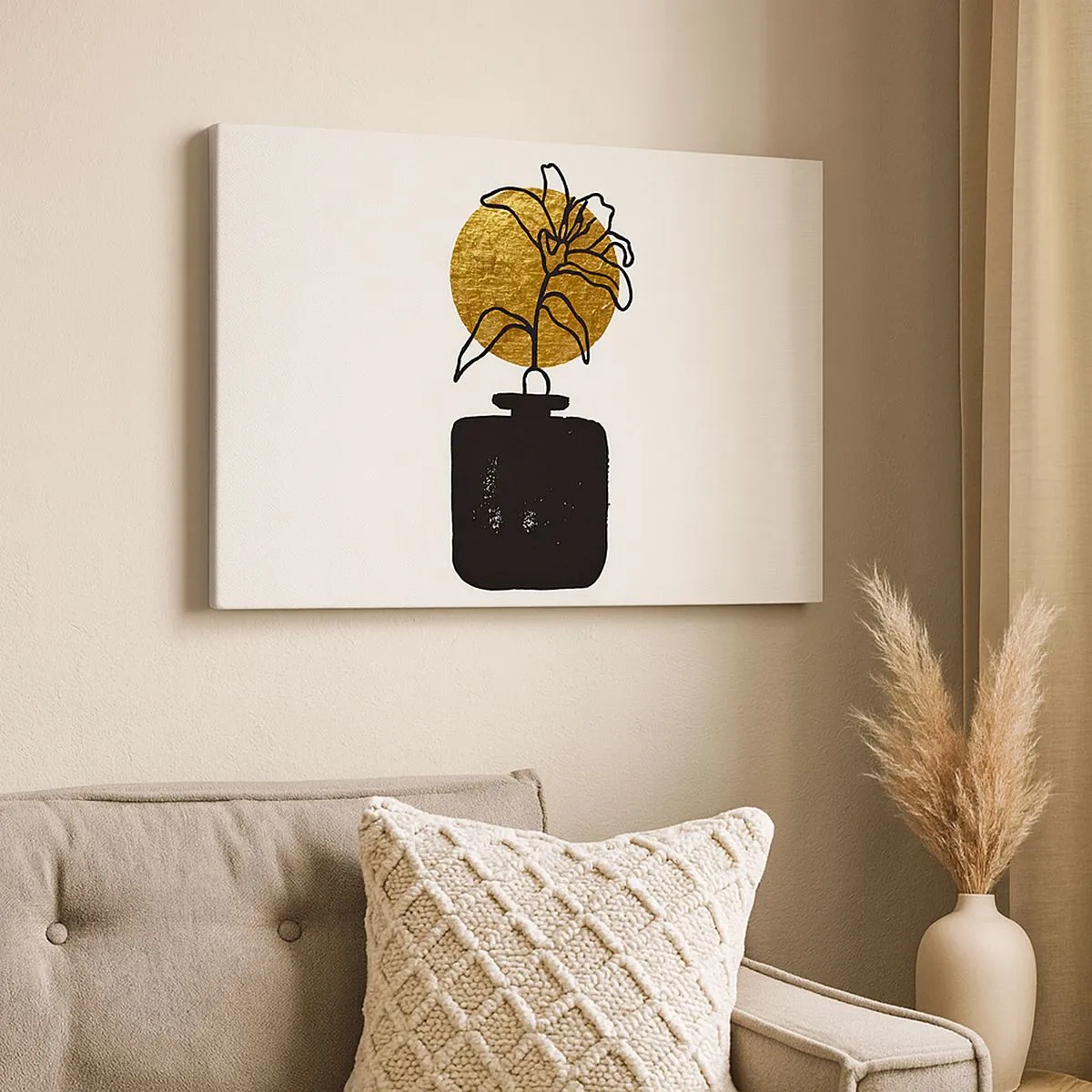 Bild auf Leinwand - Leinwandbild - Eine Zeichnung einer Blume in einer Vase vor einem goldenen Kreishintergrund - 70x50cm - Schönheit ist Gold wert - Moderne Wanddekoration für Wohnzimmer und Schlafzimmer ARTTOR